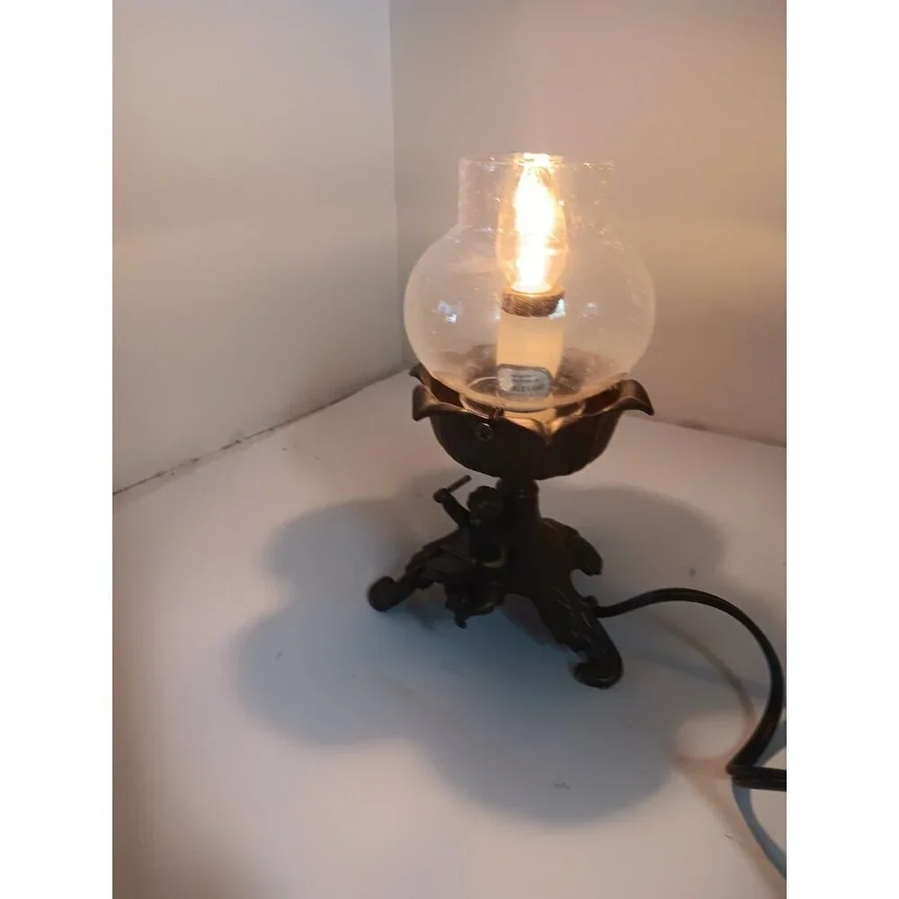 Vintage Art Nouveau Small Cast Iron Table Lamp With Cherub Drummer Stamped L